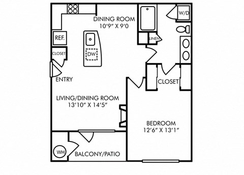 Floor plan for 1 bed, 1 bath, 782 sqft